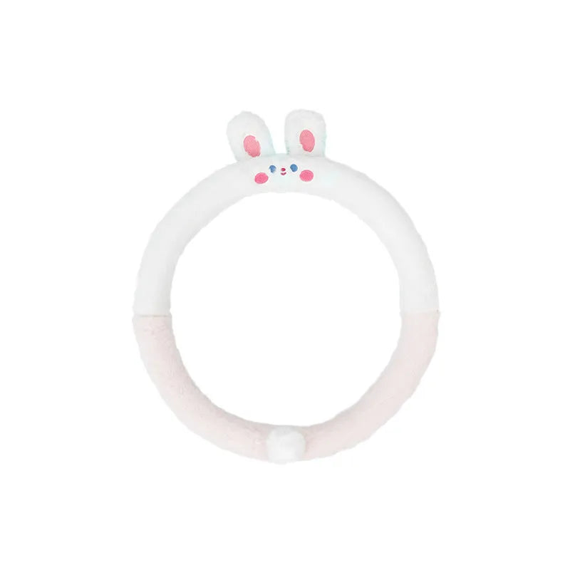 Plush rabbit fur steering wheel cover with embroidered cartoon animal pattern showing 38cm diameter