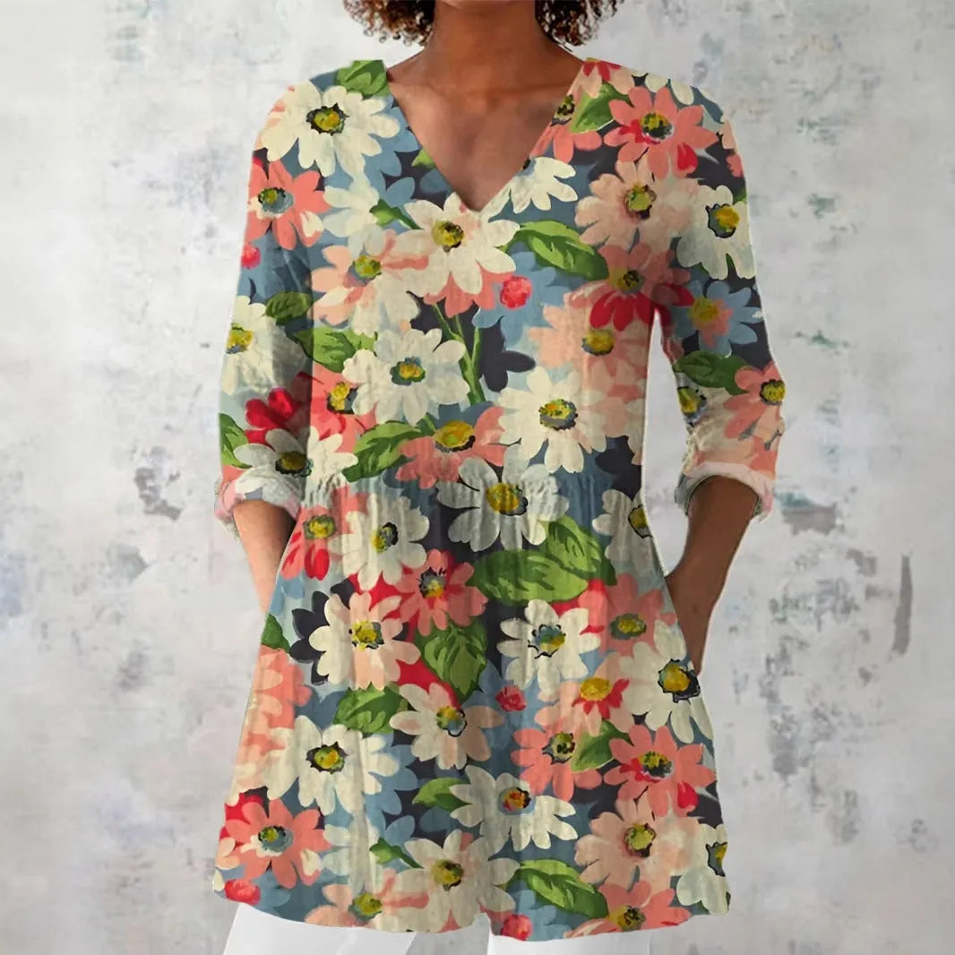 Women's retro slim fit printed long-sleeved top in polyester fabric with digital printing design