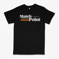 Black men's T-shirt with 3D digital printed text pattern, short sleeves, and round neck.