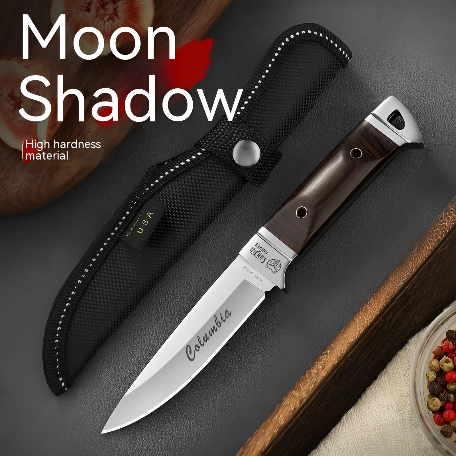 National style stainless steel camping fruit knife with leather protective case