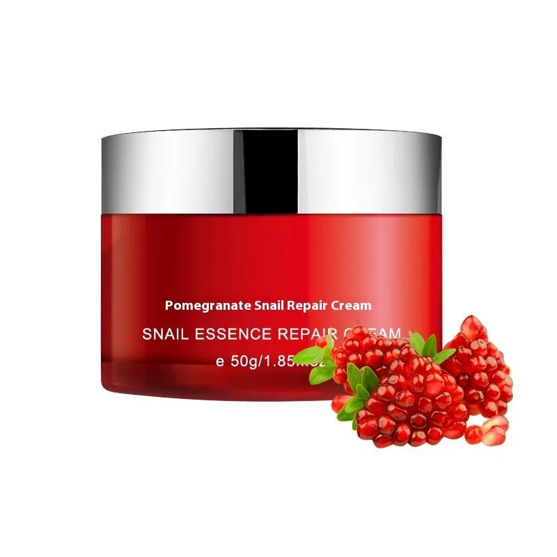 Red packaged pomegranate skincare set containing face wash, toner, lotion and facial cream bottles.