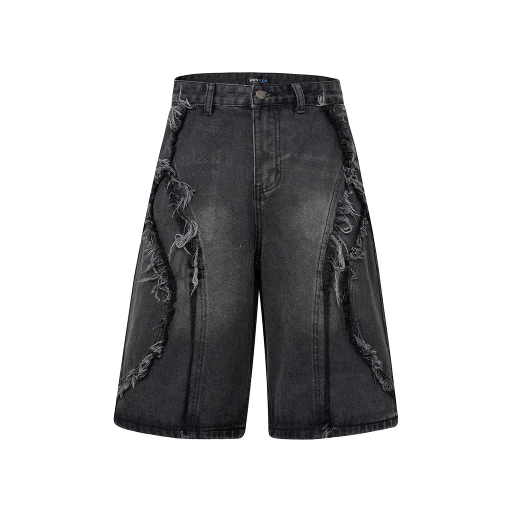 Distressed raw edge denim shorts in black, dark blue, and light blue for hip hop streetwear.