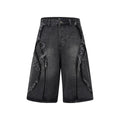Distressed raw edge denim shorts in black, dark blue, and light blue for hip hop streetwear.