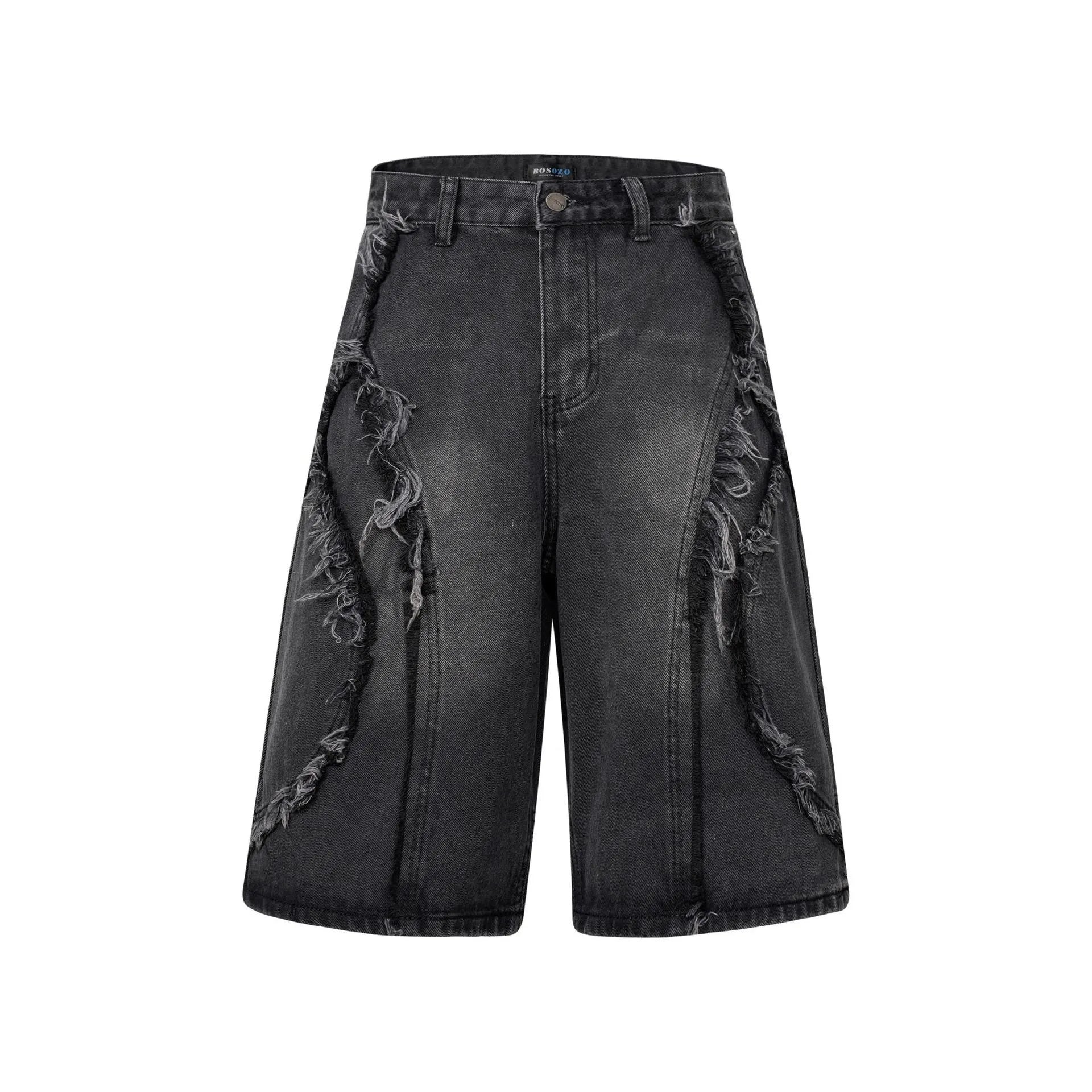 Distressed raw edge denim shorts in black, dark blue, and light blue for hip hop streetwear.