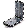 Plastic fishing gear storage box with 10 compartments measuring 9.5 × 6.5 × 3 cm