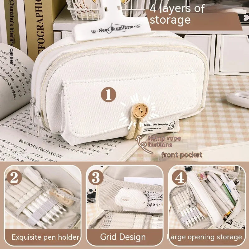 Large capacity Korean style canvas pencil case storing multiple pens in green colour option