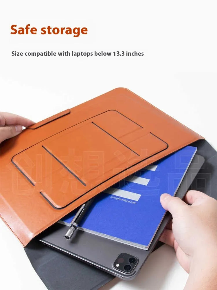 Black 13.3 inch laptop bracket bag with integrated adjustable stand in open and closed positions.