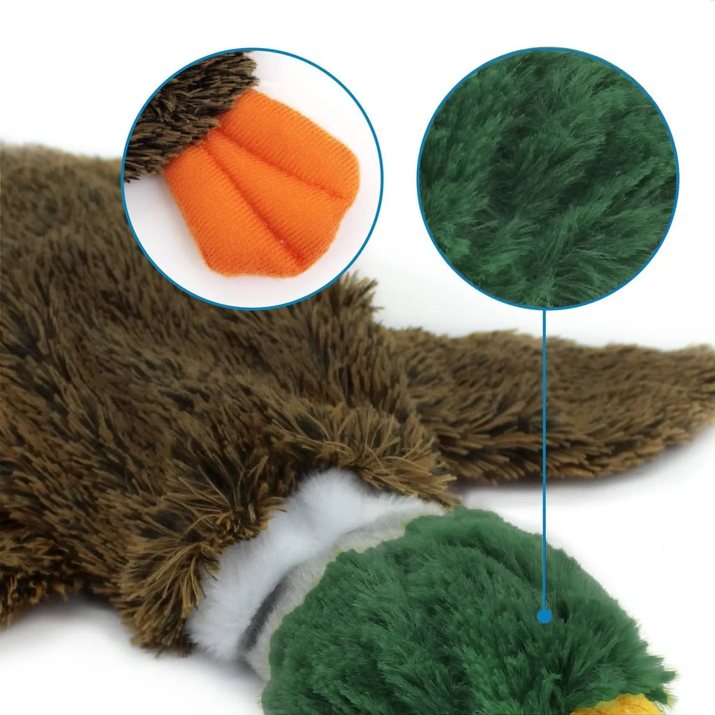 Green wild duck stuffless dog toy with a bottle inserted showing self-fasteners and plush fabric