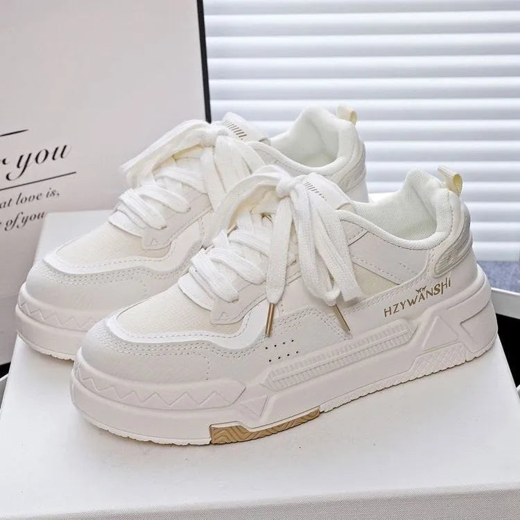 Children's high-increasing board shoes with thick rubber sole and synthetic leather upper in beige colour
