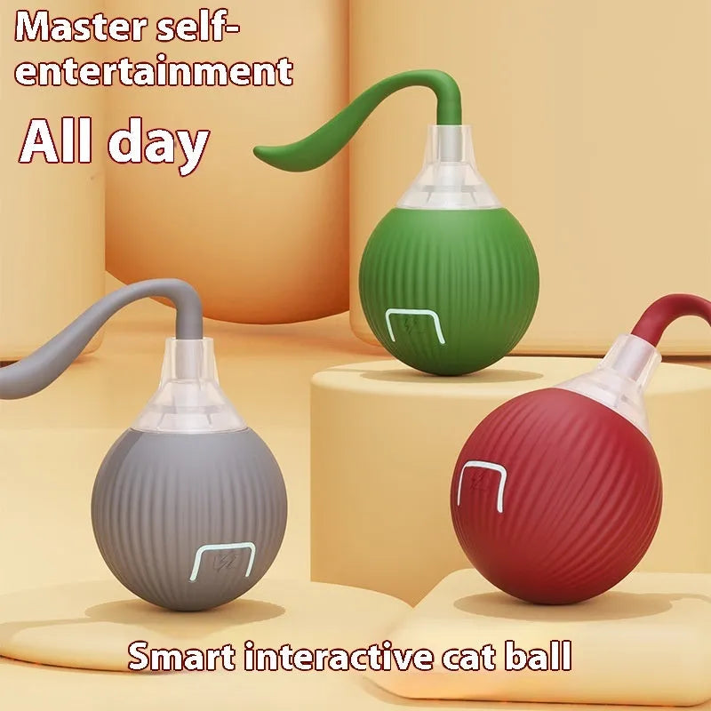 Interactive electronic cat toy ball with coloured lights on grey, green, and red backgrounds.