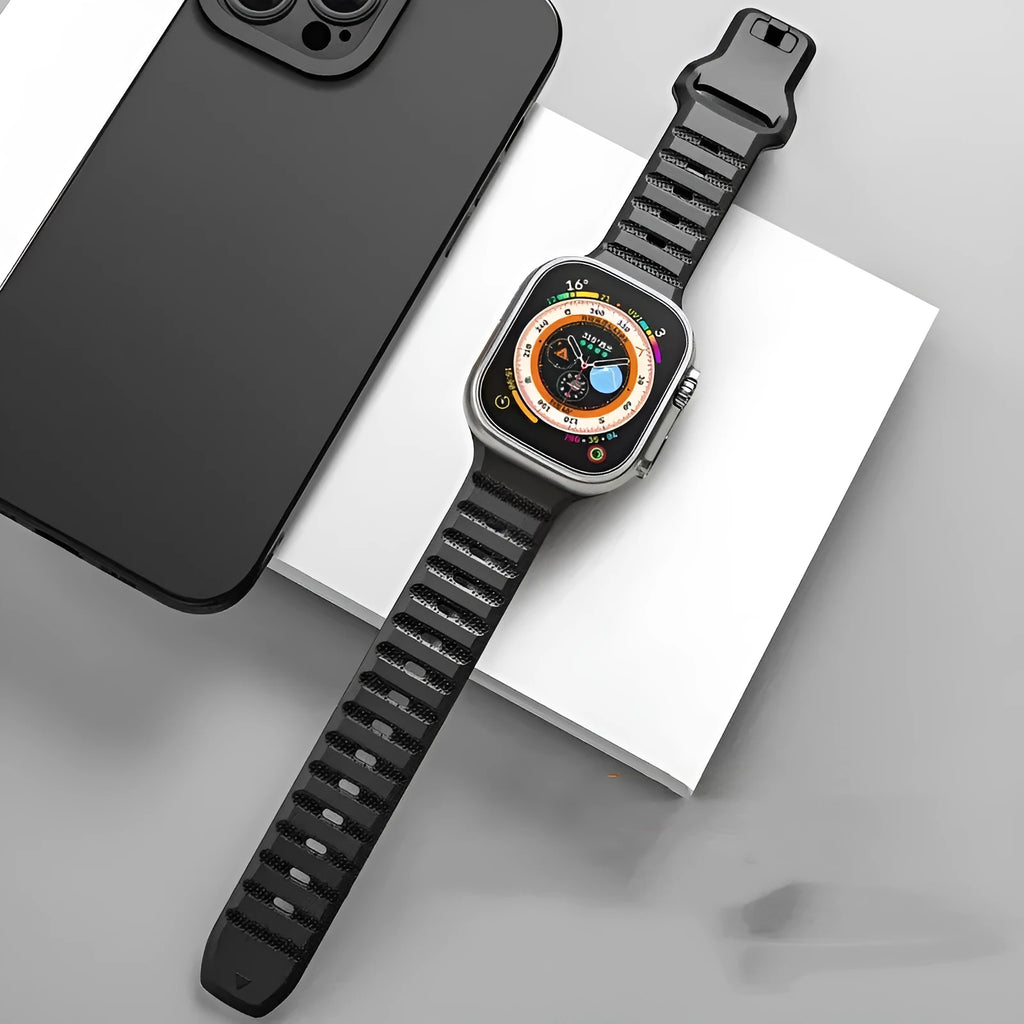 Fluoro rubber watch band with T buckle in black, orange, grey, pink, blue and starlight for iWatch Ultra and Series 1-8