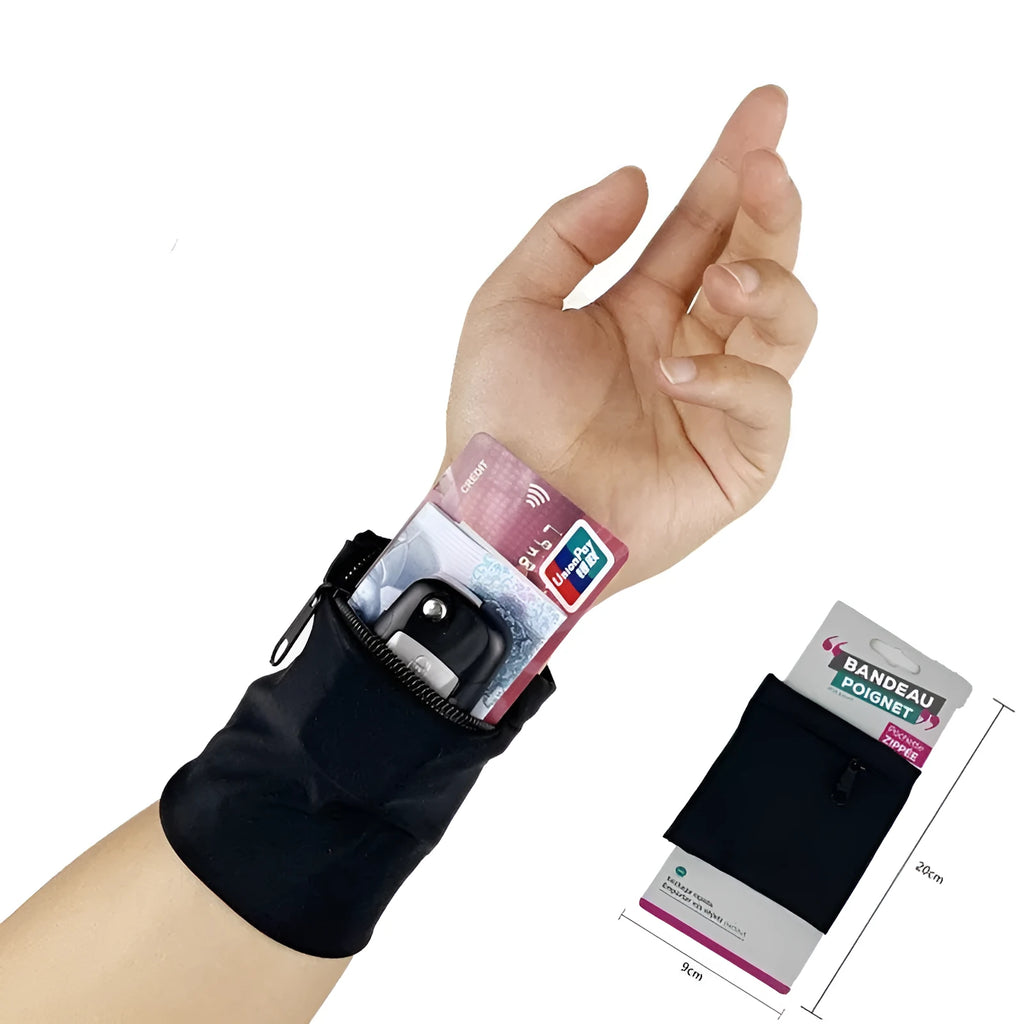 Wrist bag armband sleeve for mobile phone measuring 10 by 10.5 centimetres.