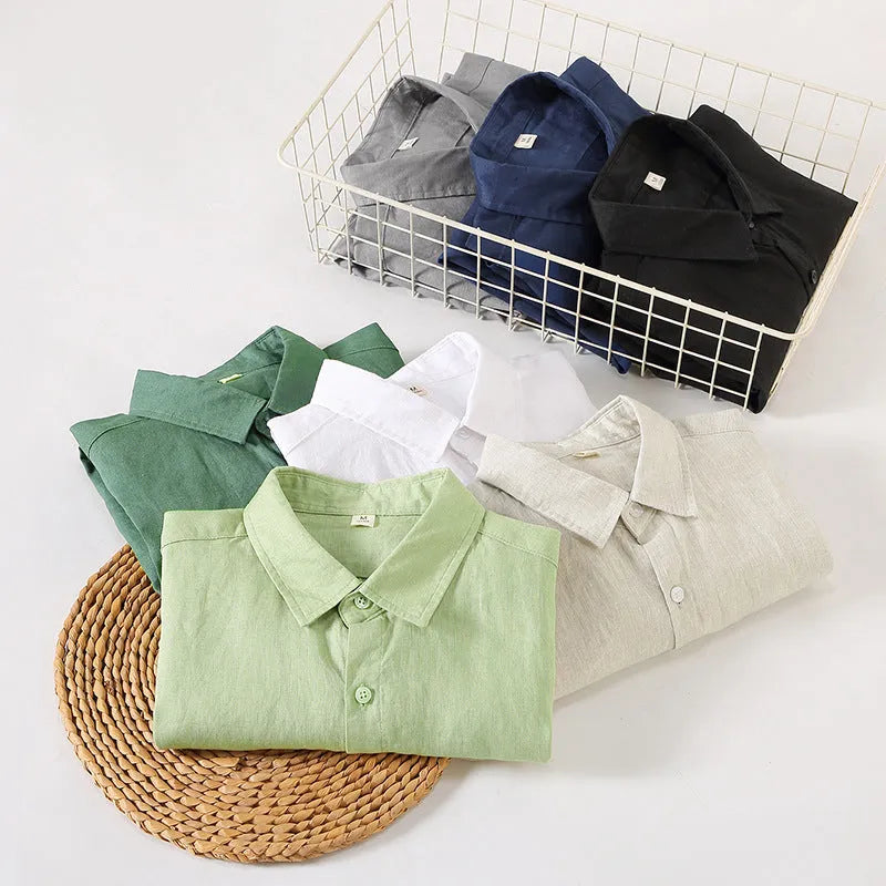 Long sleeve loose-fit linen cardigan shirt in Chinese style on a hanger