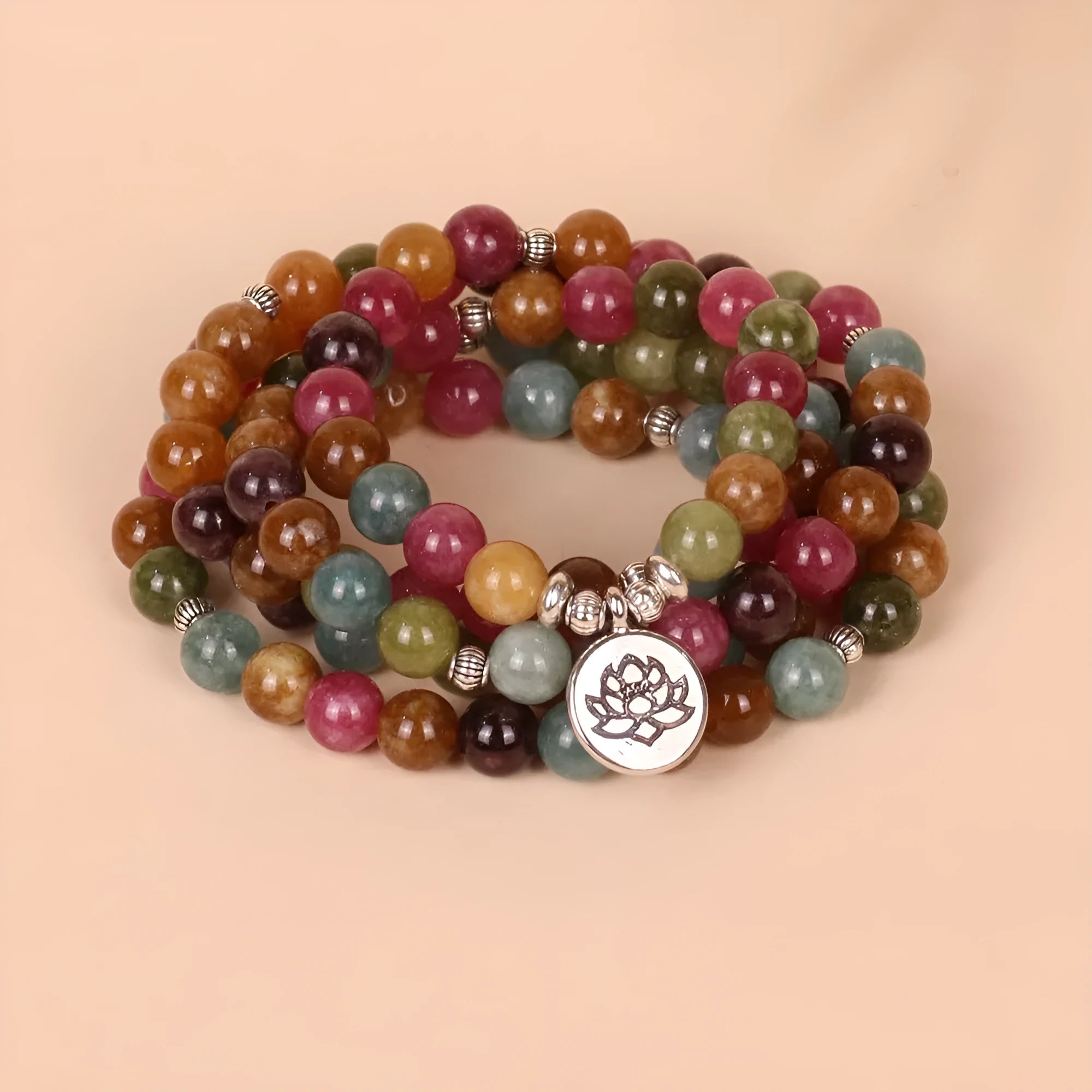 Tourmaline coloured alloy bracelet with 108 beads in lotus hanging multi-layer design
