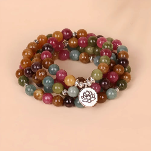 Tourmaline coloured alloy bracelet with 108 beads in lotus hanging multi-layer design