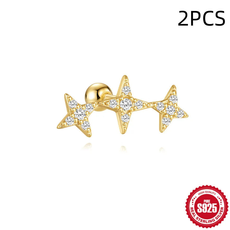 S925 sterling silver red earrings with square gravel studs and golden electroplated finish