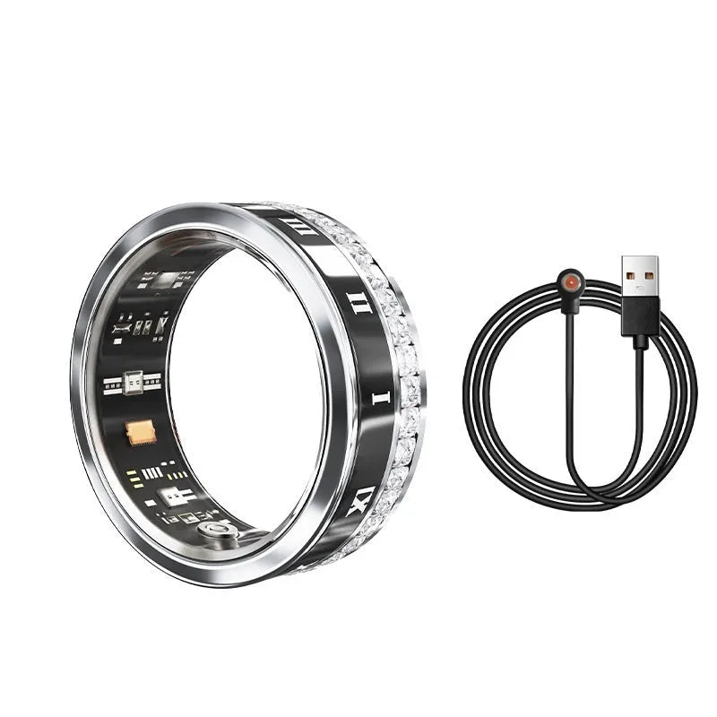 Diamond inlaid smart ring in silver and gold colours showing health monitoring technology integrated into jewellery design