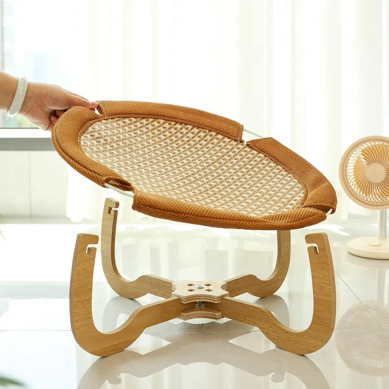 Brown woven rattan cat hammock with square 46cm base and raised sleeping platform