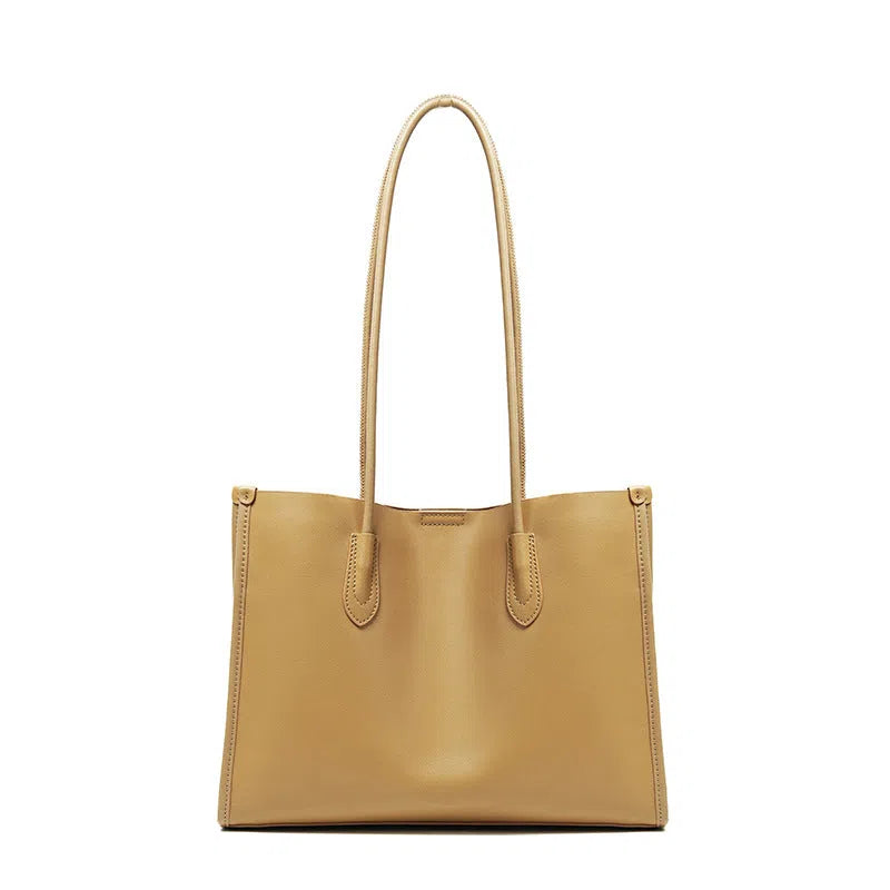 Women's new commuter large capacity genuine leather tote bag in golden brown with double straps and horizontal square shape