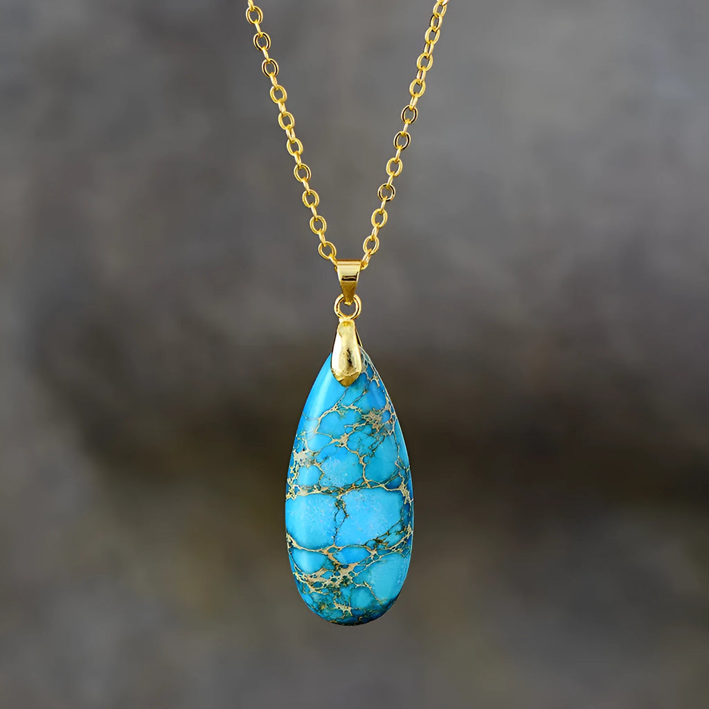 Emperor Stone water drop pendant necklace with natural jade and 18K gold plating in multiple colour variations