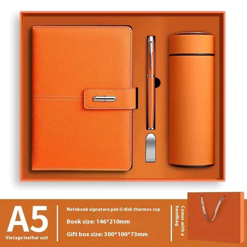 Custom A5 notebook with imitation leather cover in Business Black showing wood-free paper interior pages