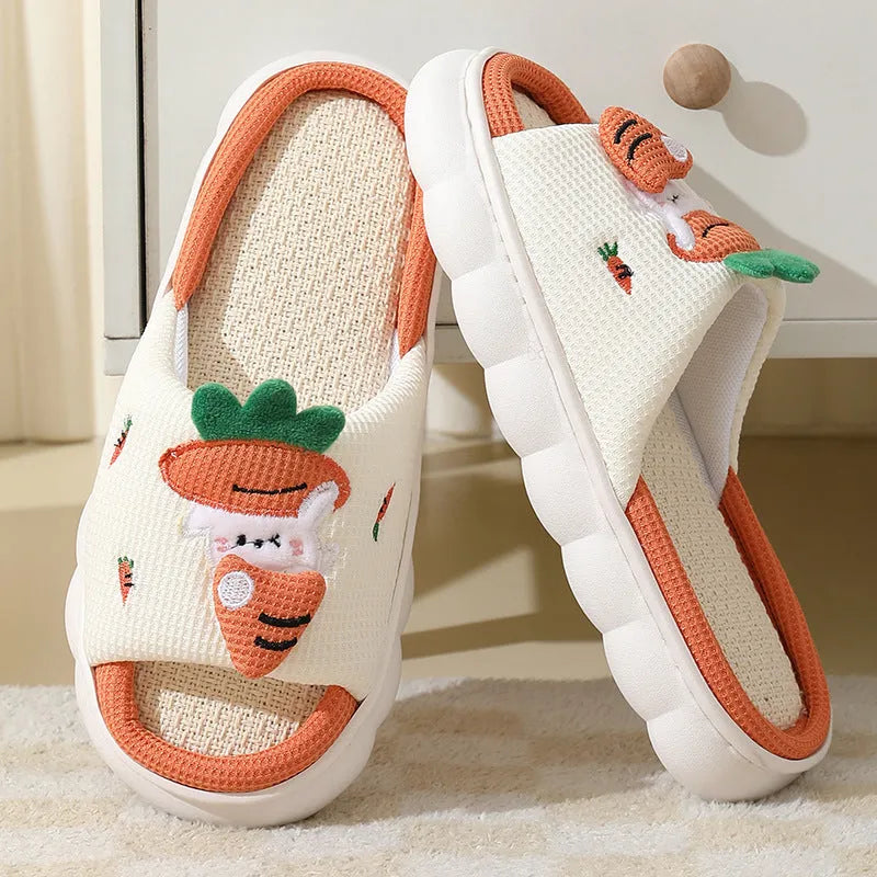 Cute carrot rabbit linen slippers with non-slip thick bottom in orange