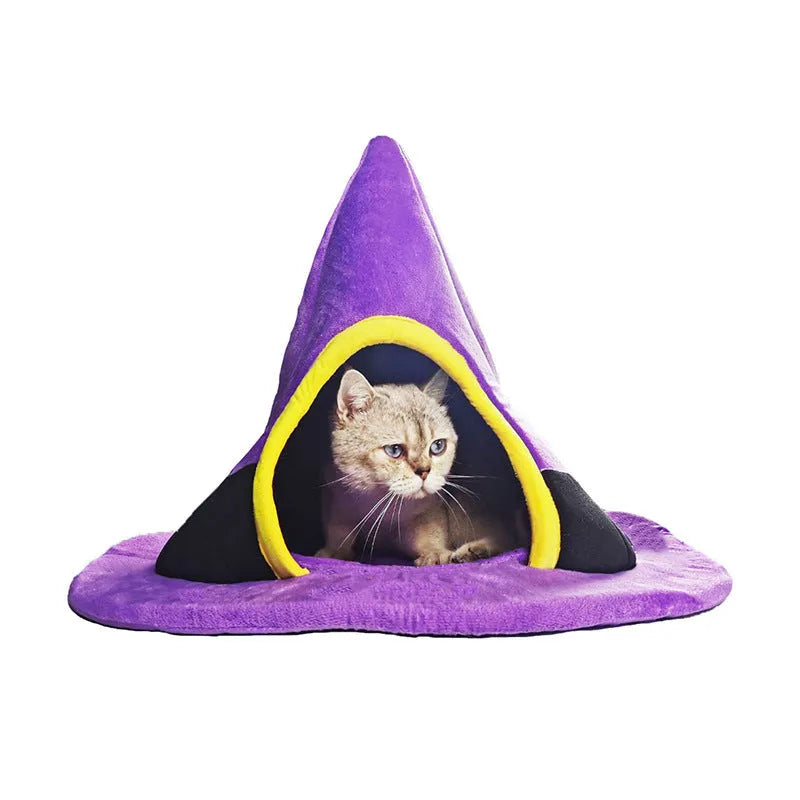 Purple Halloween witch hat shaped soft cloth cat bed for pets.