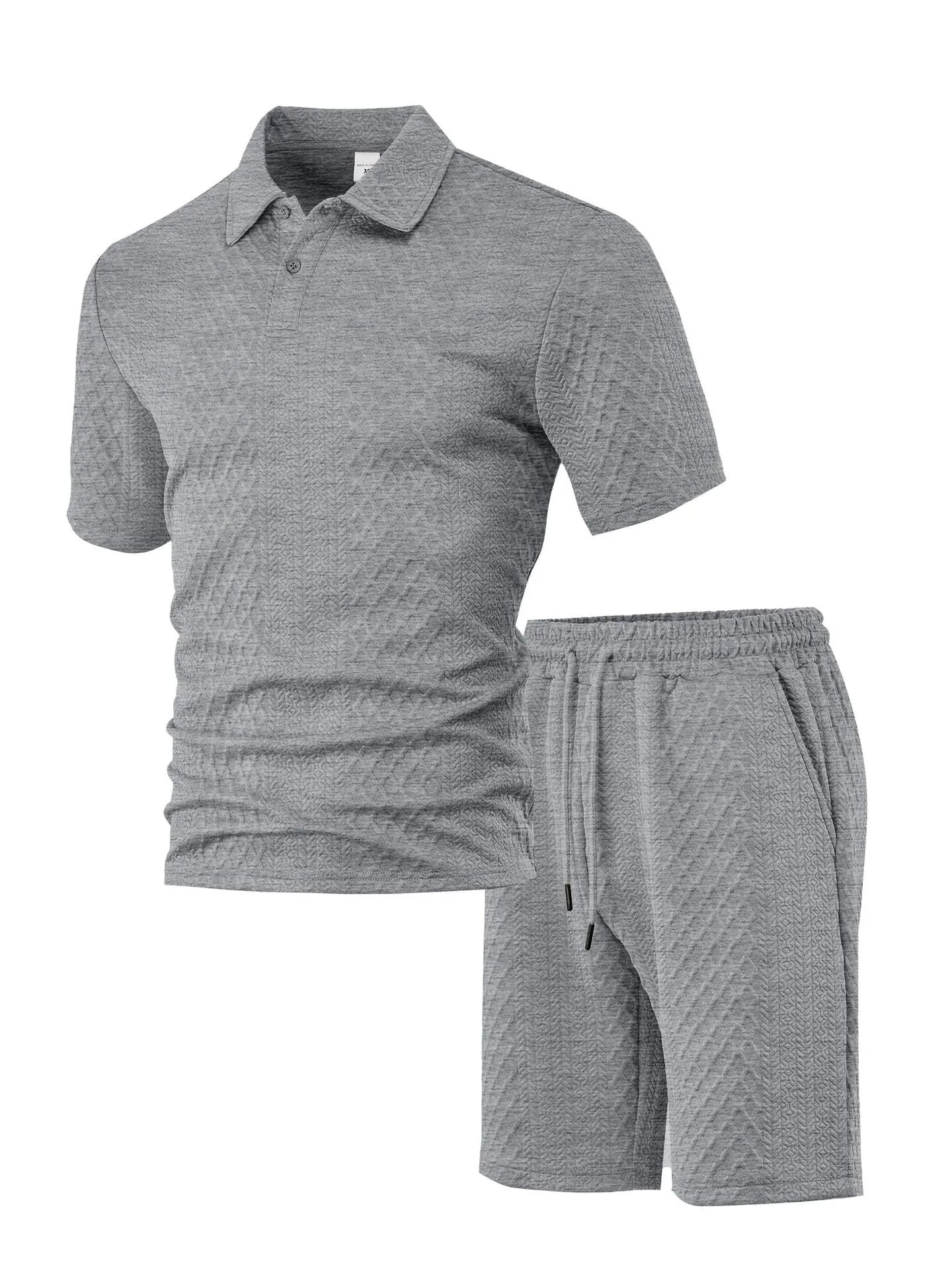 Men's patterned polyester casual suit set with short sleeve polo top and matching trousers