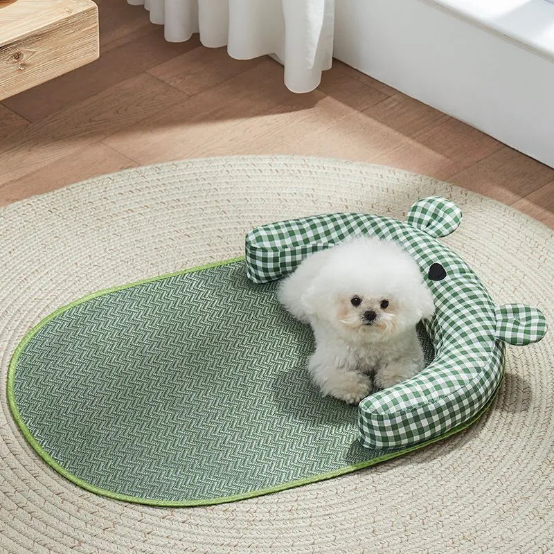 Green and yellow four-season dog and cat bed mattress ice pad shown in four different sizes.