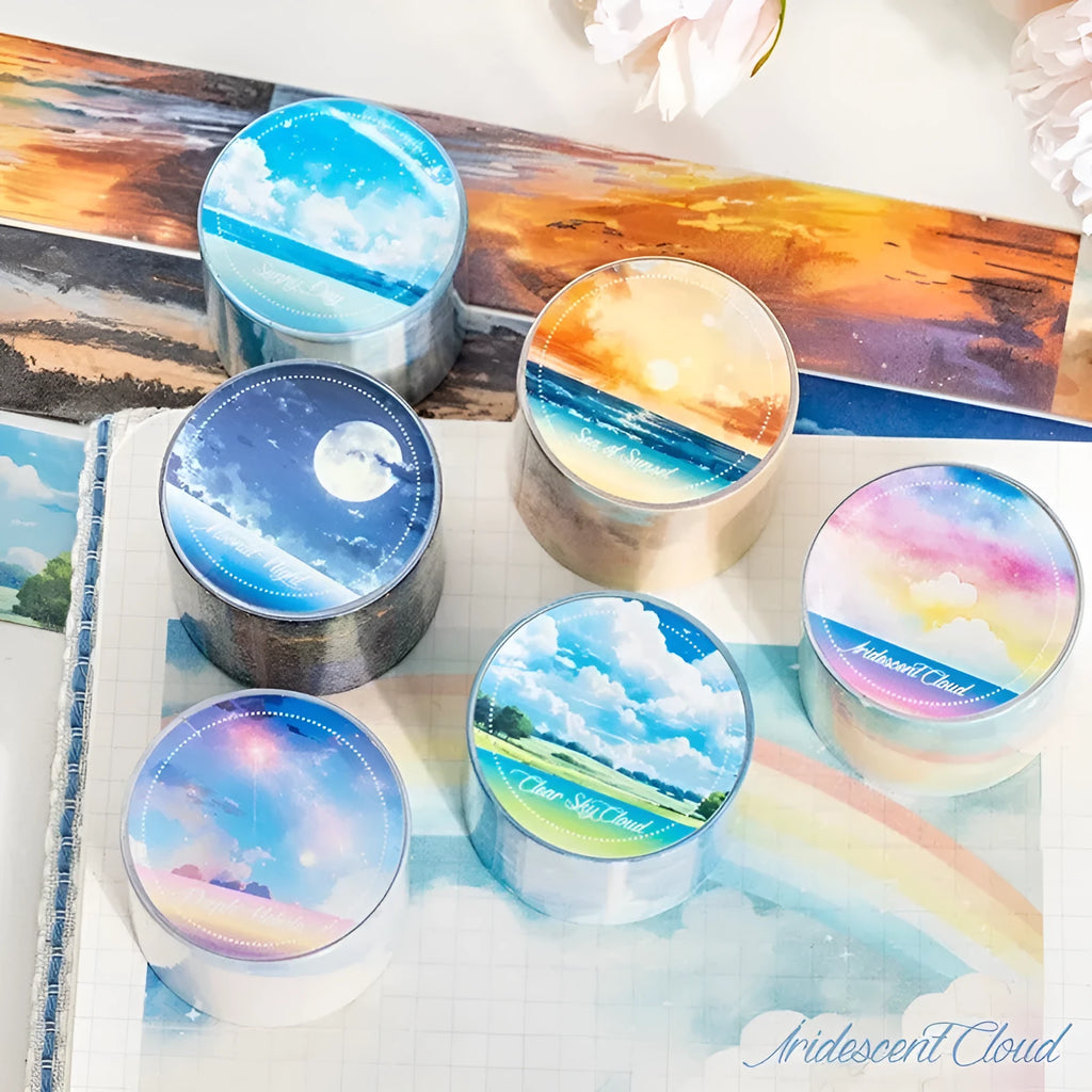 Japanese paper washi tape roll with sky theme designs including colourful clouds and twilight patterns