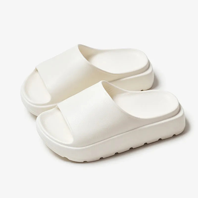 Women's beige fish mouth open-toe slippers with a thick 5.5cm light-coloured EVA sole.