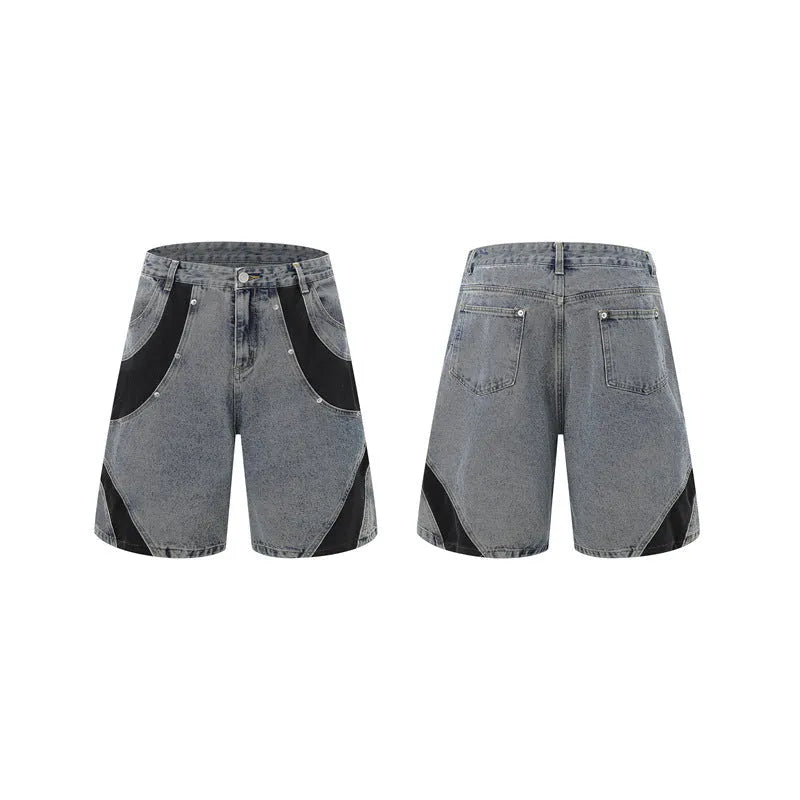 Retro washed denim short-sleeved jacket and trousers suit in blue or black