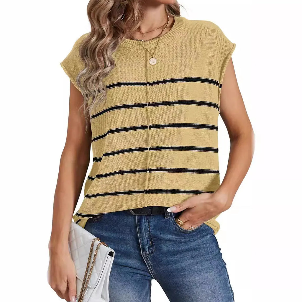 Women's striped sleeveless pullover vest in acrylic knit with bone stitching details.