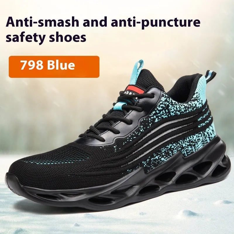 Brown lightweight labour protection safety shoes with leather upper and rubber sole.