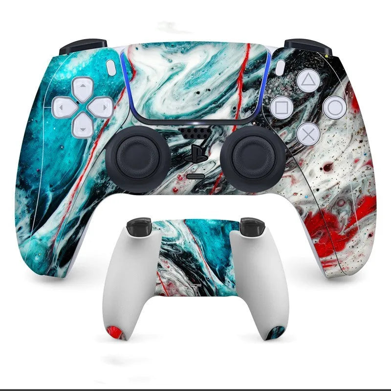 PS5 controller protective sticker kit showing front and back skins in one of eight available styles.