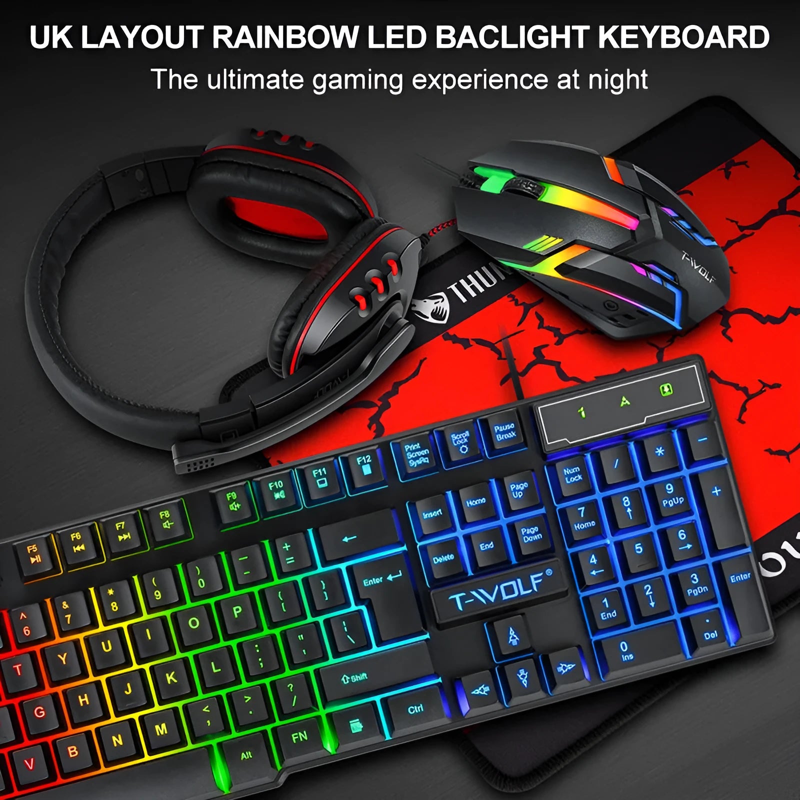 Thunder Wolf T800 gaming keyboard and mouse set with headset and mouse pad on desk