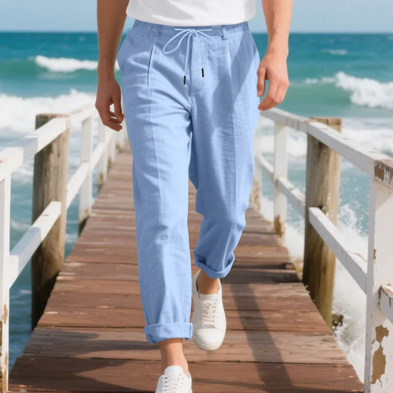 Men's linen casual trousers in loose straight fit with drawstring waist in various colours