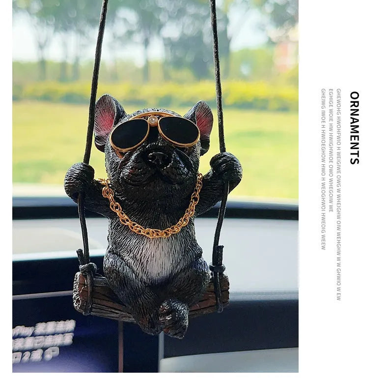 Resin cartoon bulldog car hanging ornament for rearview mirror in black, white, or yellow.
