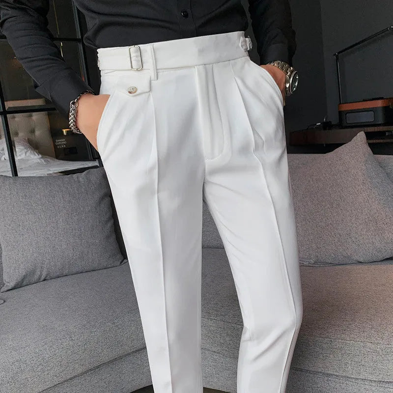 Men's straight-leg casual trousers in a solid colour, shown in a neutral grey shade on a hanger.