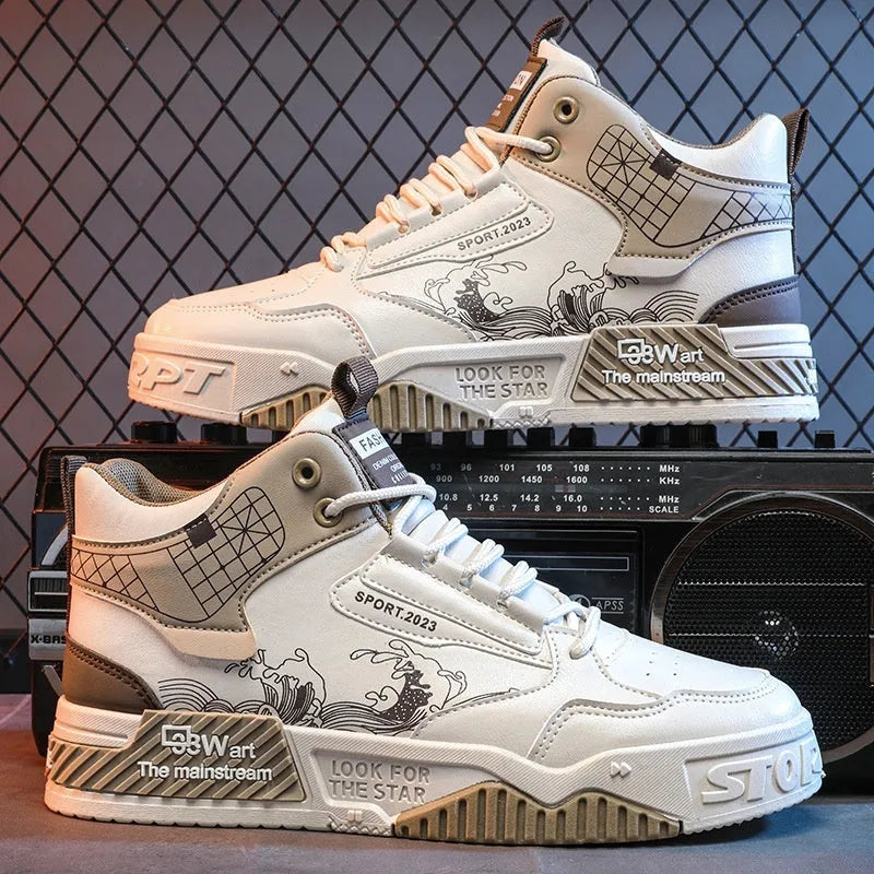 Men's beige, white, and blue high-top casual sneakers with lace-up front and rubber sole.