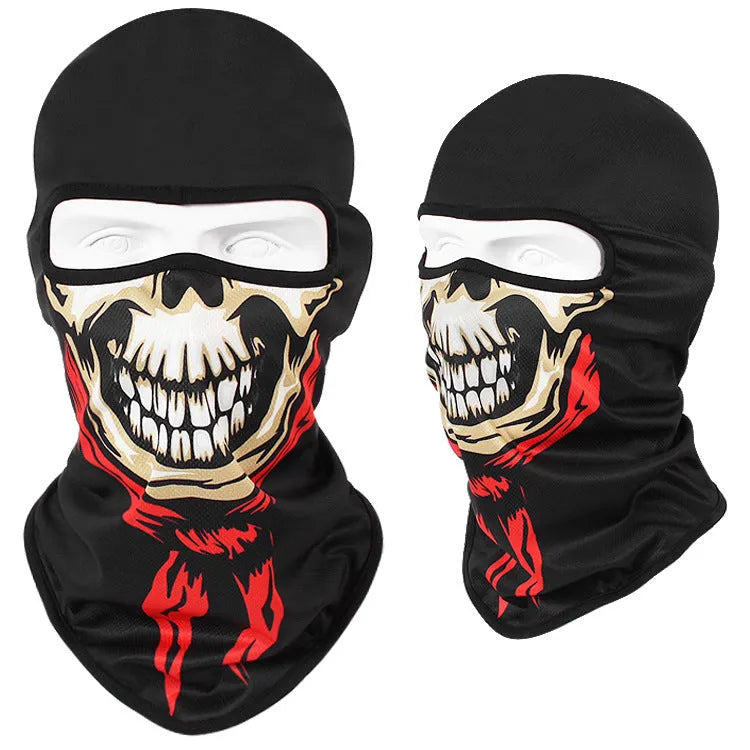 Bakool silk motorcycle skull mask in a skeleton design, sized 36cm by 29cm