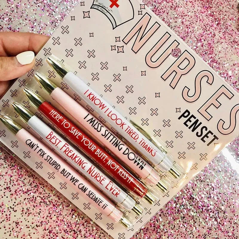Five nurse-themed retractable ballpoint pens showing plastic construction and medical humour design elements