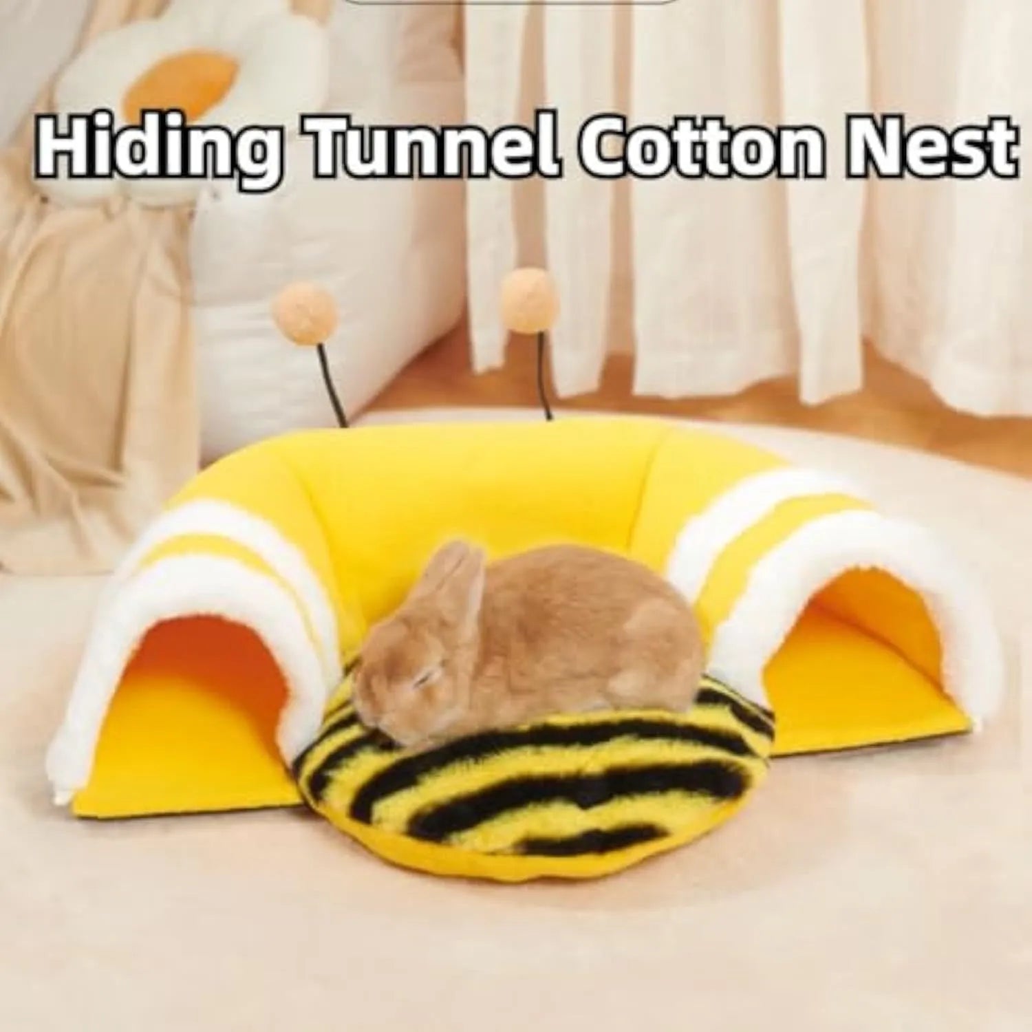 Yellow bee-shaped plush tunnel bed for small pets with removable sections and wire frame