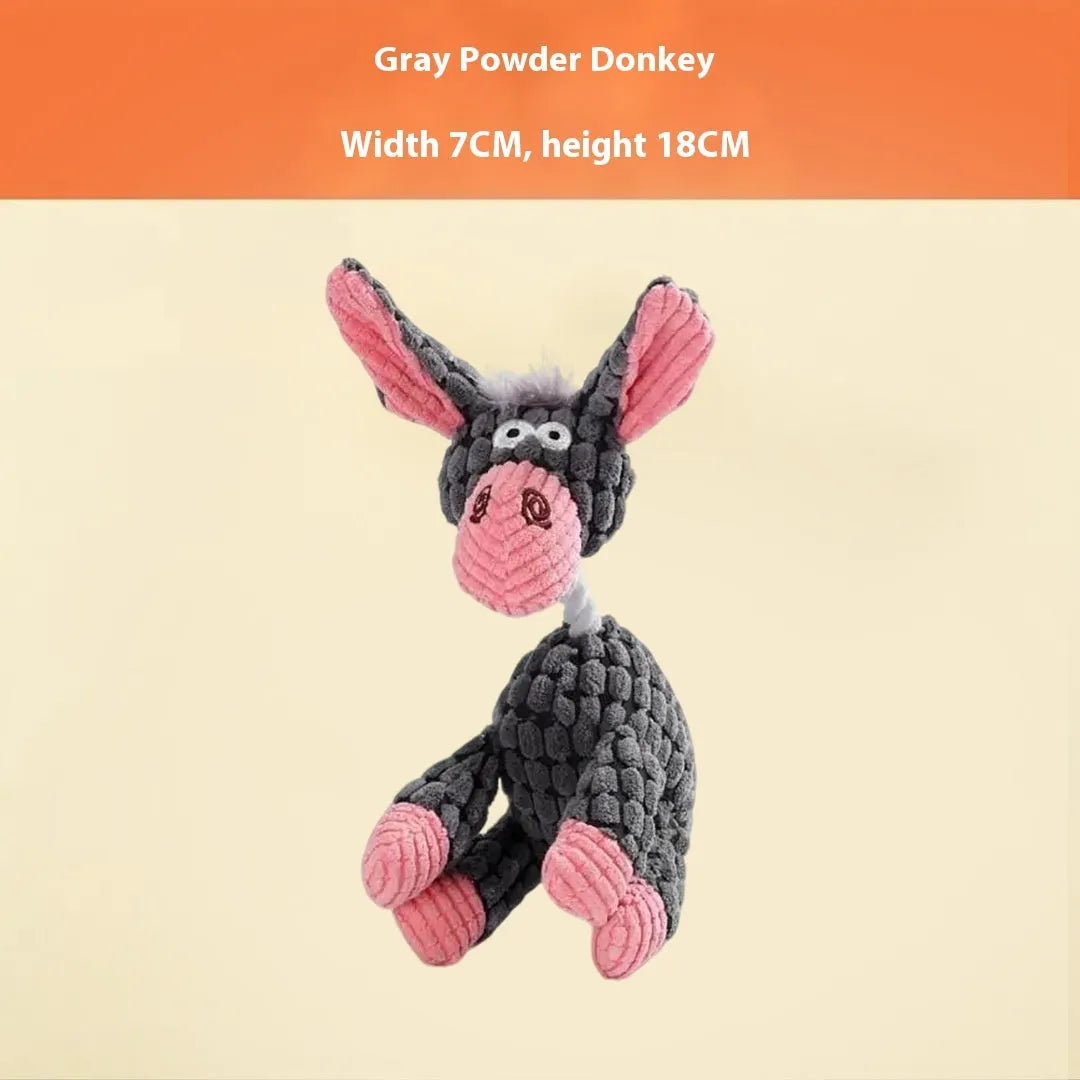 Assortment of soft plush pet toys including a rechargeable duck, a donkey, and companion animals for puppy teething.