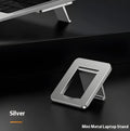 Compact folding aluminium laptop stand bracket in silver with adhesive strips