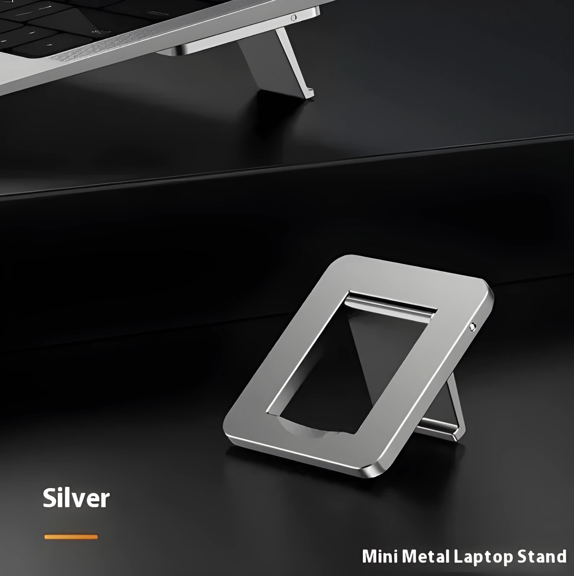 Compact folding aluminium laptop stand bracket in silver with adhesive strips