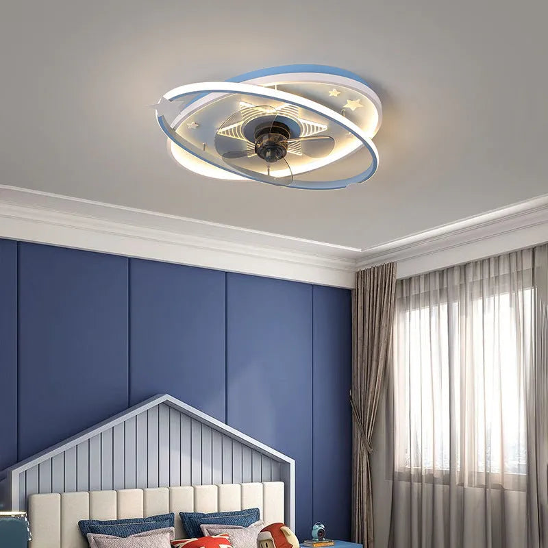 Modern simple blue children's bedroom ceiling fan with light and remote control.