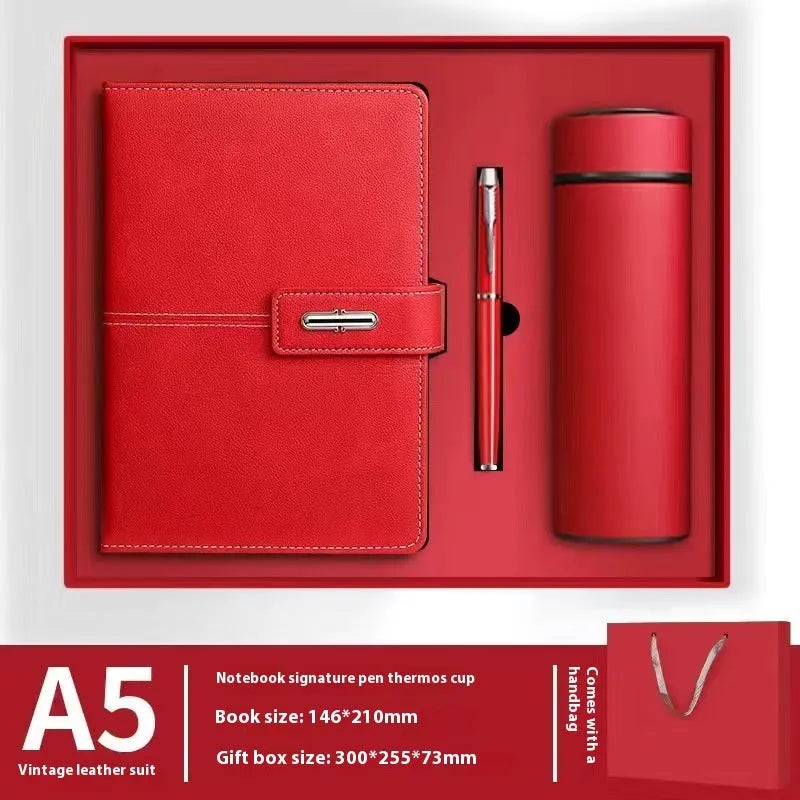Custom A5 notebook with imitation leather cover in Business Black showing wood-free paper interior pages
