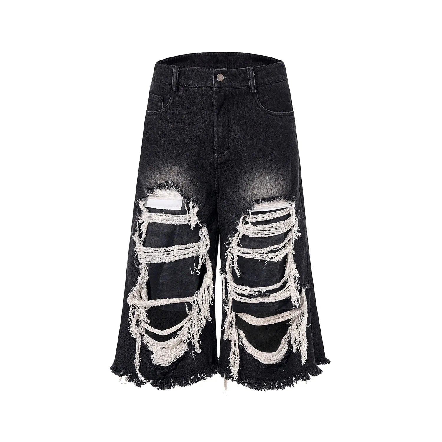 Black women's wide-leg cropped jeans with ripped patch details on the legs.