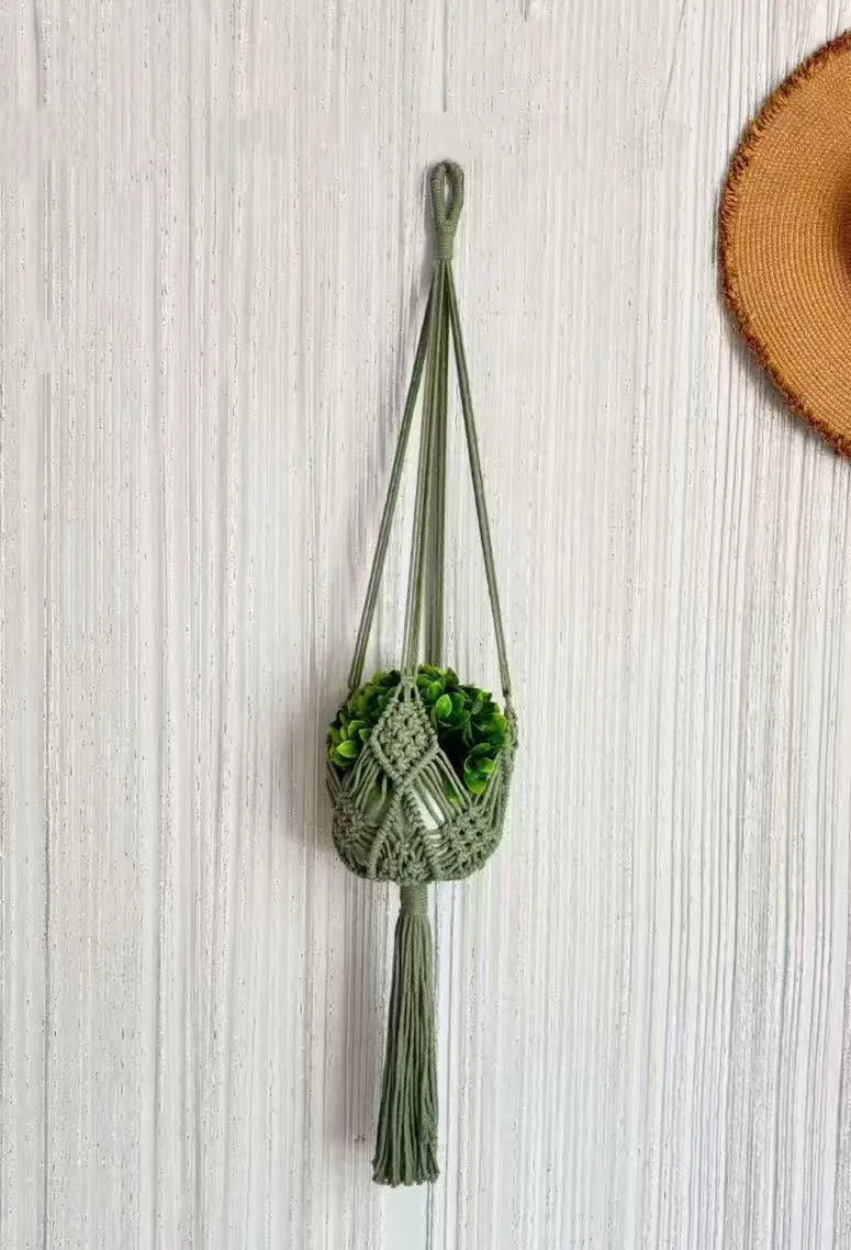 Hand-woven brown polyester cotton flower pot with net pocket extension cord for indoor plants